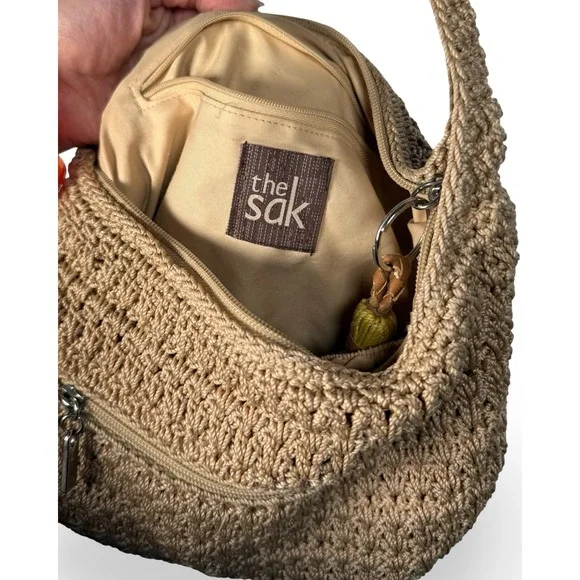 The Sak Crochet Hobo Bag Tan Neutral Boho Shoulder Bag with Yellow Tassel - Picture 2 of 8